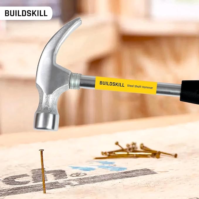 Buildskill Steel Shaft Hammer 8 Oz - Forged Steel Head for Superior Strength & Durability - Carpenter Tools for Wood Work, Home and Professional, 2 in 1 Combination Claw & Flat Head, 400gm (Pack of 1)