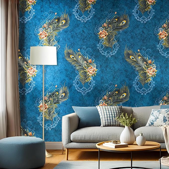 wolpin Wallpaper Non-Woven Non-Adhesive 53 cm x 9.5m (± 3%) Peacock Feather Floral Design with Texture Sparkle, Blue 54.18 sq ft