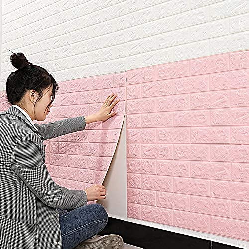 SAYFINE 3D Wooden Brick Wallpaper for Wall - PE Foam Self-Adhesive Wall Stickers, Gold Design (70 x 70 cm) Pink(Pack of 30)
